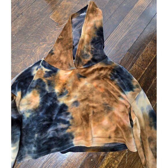 Two Piece Set Velour Black Tan Tie Dye Mini Skirt Cropped Hoodie - Picture 4 of 8